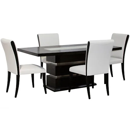 5 Piece Crackled Glass Table & Taupe Side Chair Set